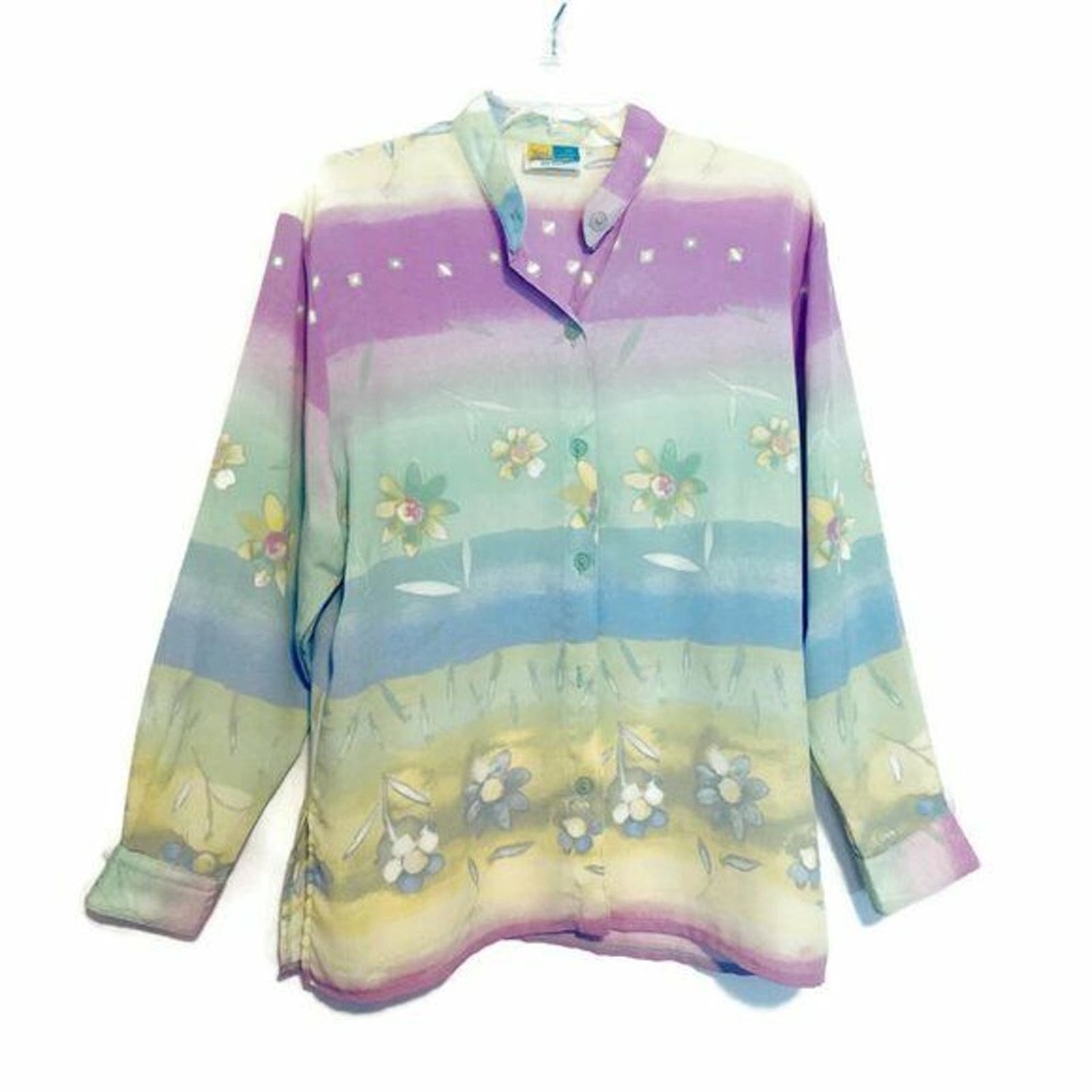 SeaSuns Womens Top Large Blouse Pastel Floral Print Long Sleeve Button Front